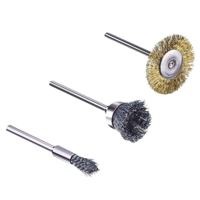 44 pieces mini wire brush wheel cup brass steel wire brush set 1/8inch 3mm shank for power dremel rotary tools polishing buf1