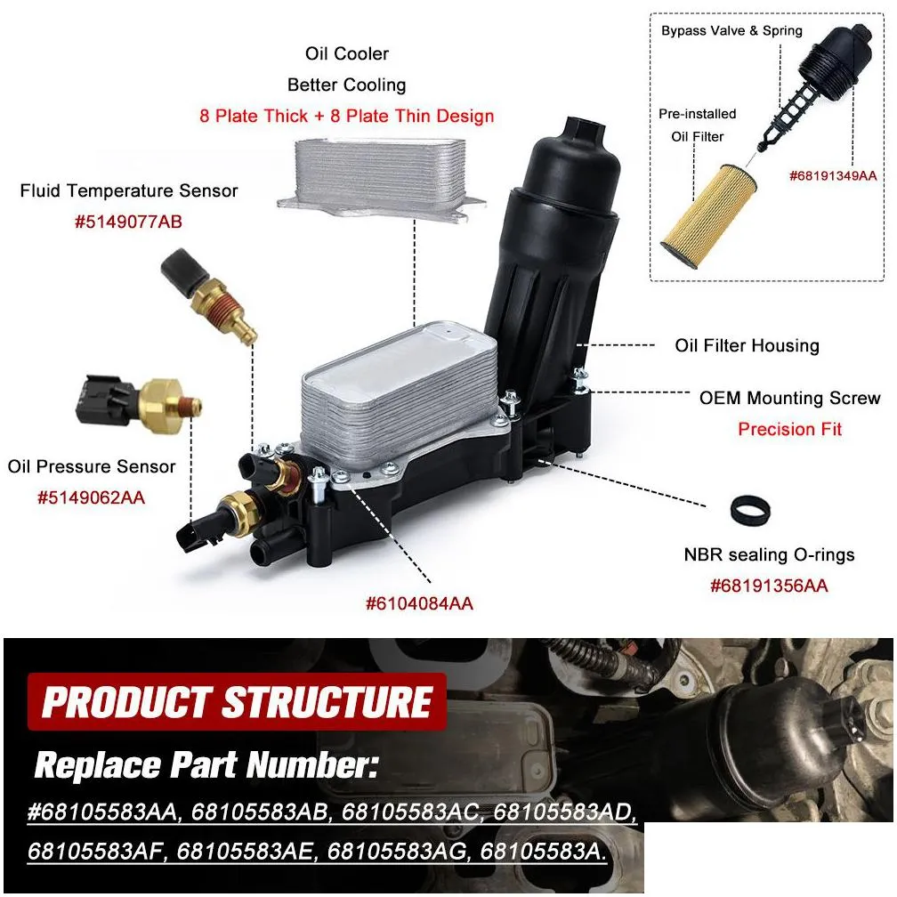 engine oil cooler filter housing adapter kit with sensors gaskets for jeep dodge chrysler 14-17 3.6l v6 68105583af aluminum