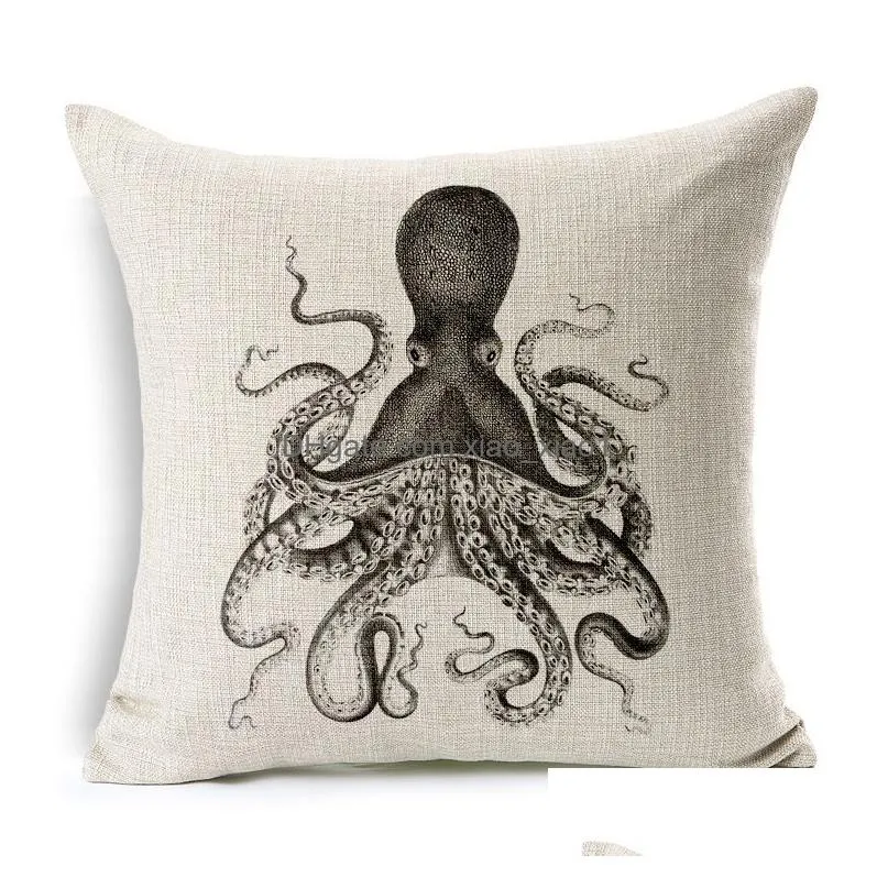 Cushion/Decorative Pillow Squid Octopus Cushion Er Simple Thick Cotton Linen Sofa Scandinavia Square Throw Cases For Bedroom Drop De Dh2Wo