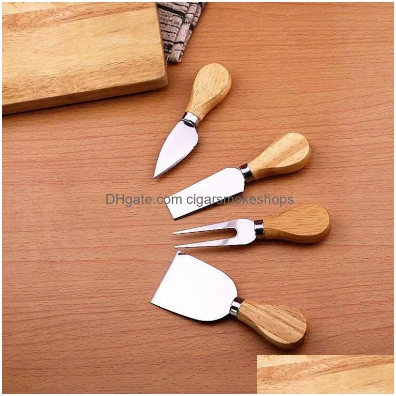 Knives New Stainless Steel Cheese Knife Oak Handle Butter Pizza Cutter Set Home Garden Kitchen, Dining Bar Flatware Dh2Pq