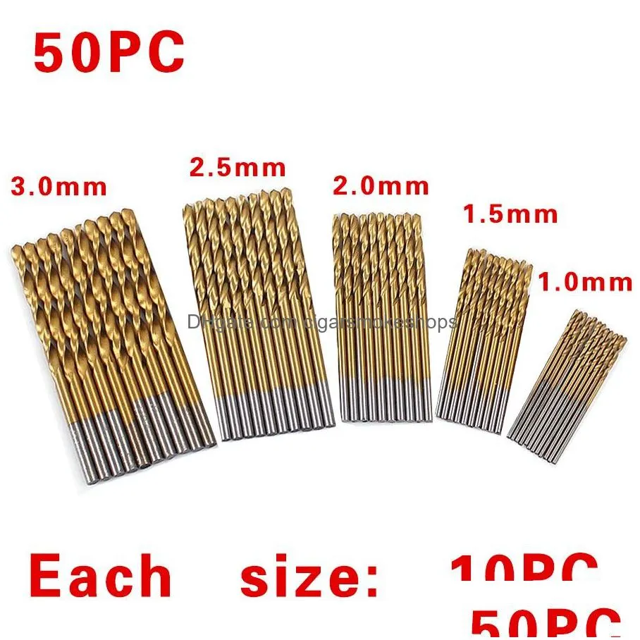 Drill Bits 50Pcs/Set Twist Drill Bit Set Saw Hss High Steel Titanium Coated Woodworking Wood Tool 1/1.5/2/2.5/M For Home Garden Tools Dhvne