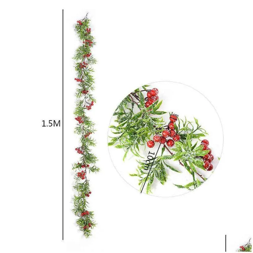 Christmas Decorations 1.5M Garland Artificial Pine Needle Berry Vine Xmas Fireplace Decor For Year Wreath Fake Plant Drop Delivery H Dhdqf