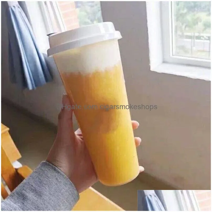 Other Dinnerware 700Ml 24Oz Disposable Plastic Cups Cold Drinks Juice Coffee Milky Tea Cup Thicken Transparent Drink Tool With Lid 0 4 Dhnku