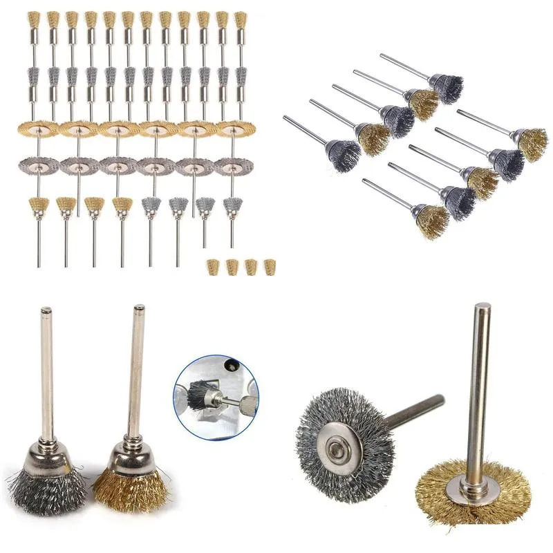 44 pieces mini wire brush wheel cup brass steel wire brush set 1/8inch 3mm shank for power dremel rotary tools polishing buf1