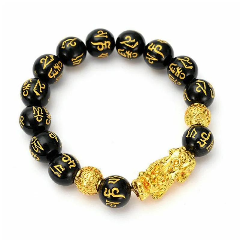 Beaded Feng Shui Obsidian Stone Beads Bracelet Men Women Uni Wristband Gold Black Pixiu Wealth And Good Luck Jewelry Bracelets Dhf9H