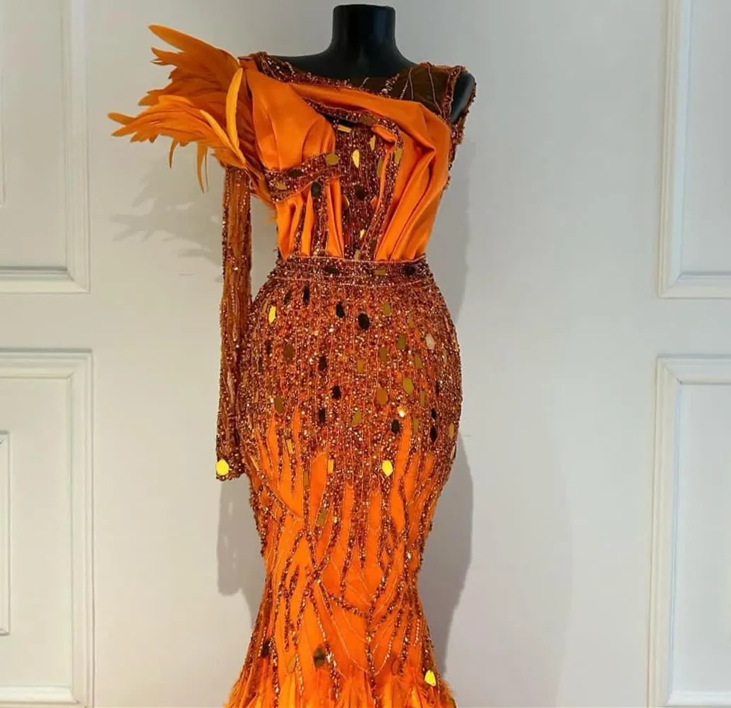 2023 Oct Aso Ebi Arabic Orange Mermaid Prom Dress Sequined Lace Feather Evening Formal Party Second Reception Birthday Engagement Gowns Dresses Robe De Soiree ZJ324