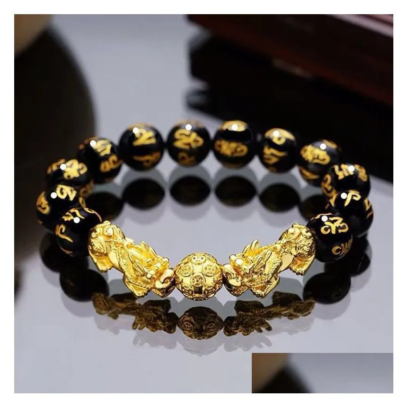 Beaded Feng Shui Obsidian Stone Beads Bracelet Men Women Uni Wristband Gold Black Pixiu Wealth And Good Luck Jewelry Bracelets Dhf9H