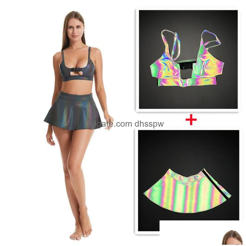 womens swimwear rainbow reflective women rave swimsuit summer 3 piece bikini set skirt mini triangle buckle bra top swimwears fit