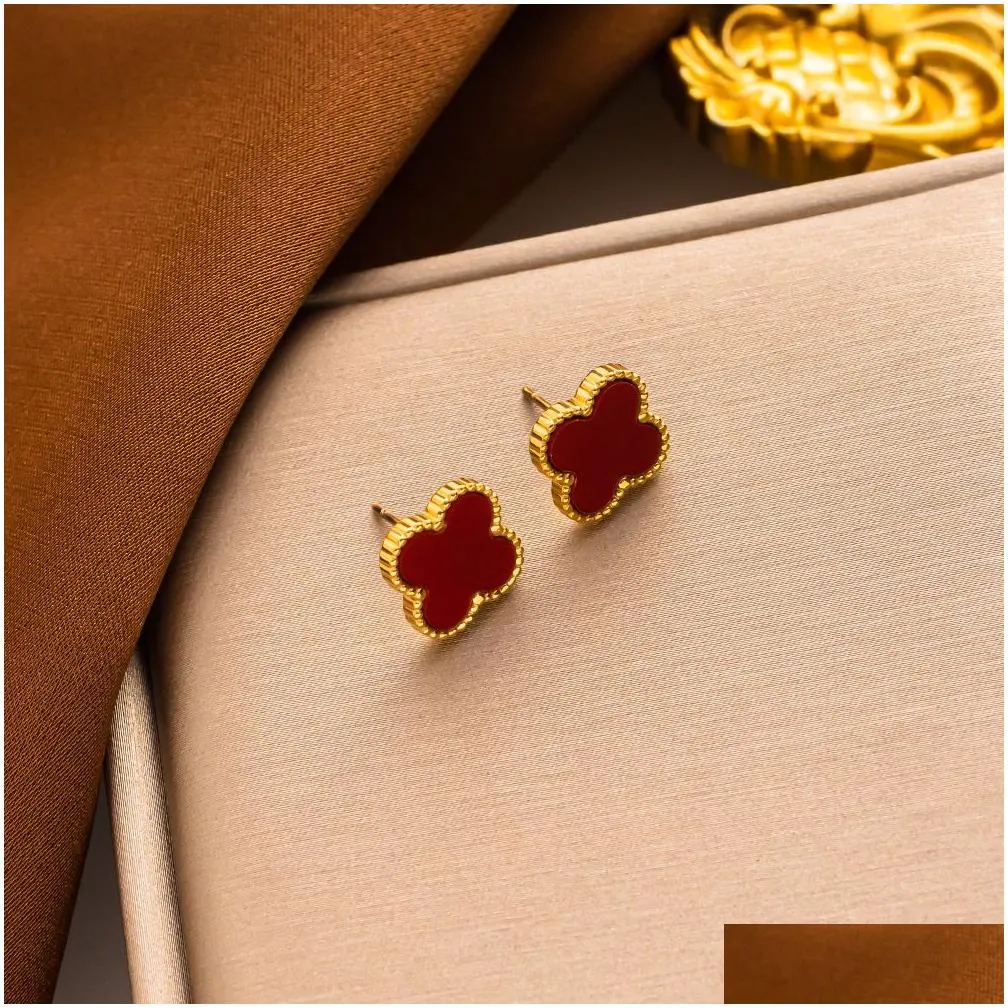 18K Gold Plated Luxury Designer Stud Earring 4/Four Leaf Clover Jewelry Fashion Charm Women Studs Wedding Gift High Quality