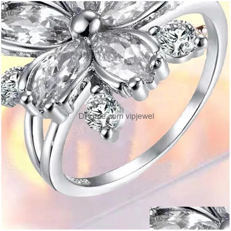 cute female pink crystal stone finger ring charm silver color thin wedding rings for women bride flower zircon engagement bands