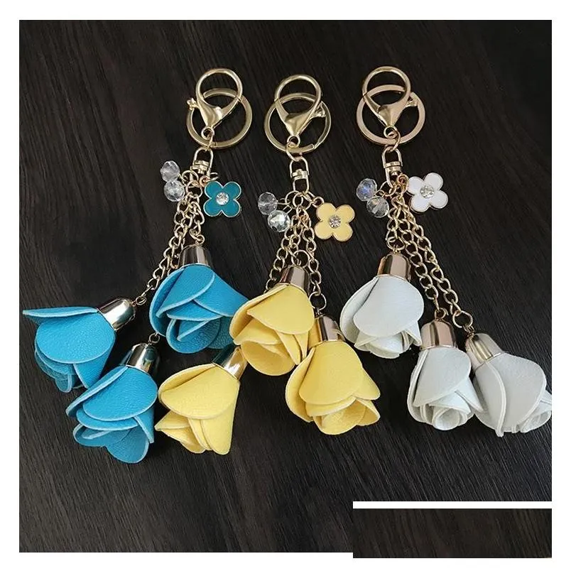 Keychains DHL 50pcs 18colors Charm Leather Rose Flower Key Chains Tassel Women Keychain Bag Purse Pendant JewelryKeychains