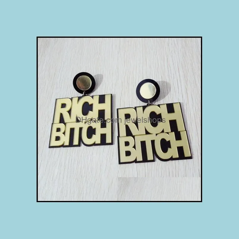 Dangle Chandelier FishSheep Acrylic Oversized Gold RICH BITCH Letter Big Pendant Earrings For Women HipHop Sexy Red Lip Drop Jewelry