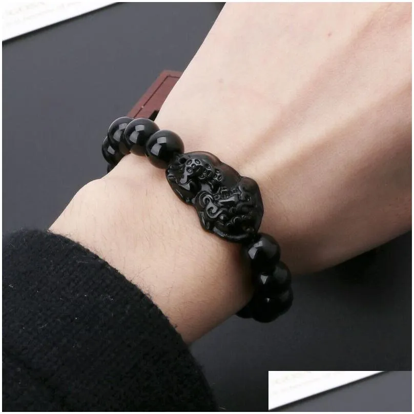 Beaded Feng Shui Obsidian Stone Beads Bracelet Men Women Uni Wristband Gold Black Pixiu Wealth And Good Luck Jewelry Bracelets Dhf9H