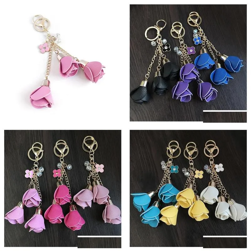 Keychains DHL 50pcs 18colors Charm Leather Rose Flower Key Chains Tassel Women Keychain Bag Purse Pendant JewelryKeychains