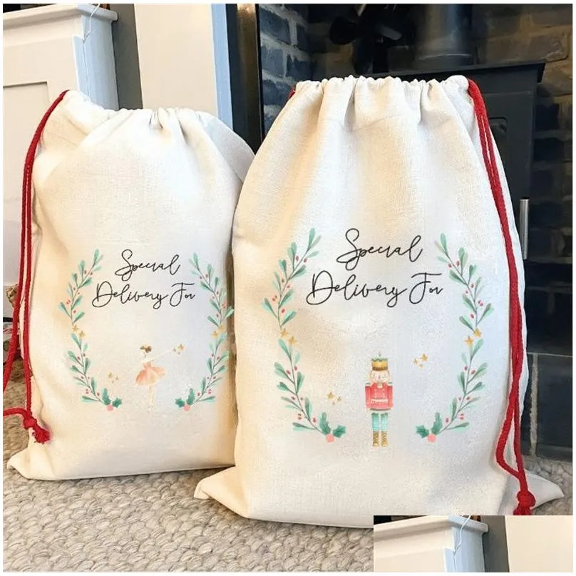 diy personalized sublimation printing fine linen christmas gift bags pocket drawstring pocket santa sacks bag