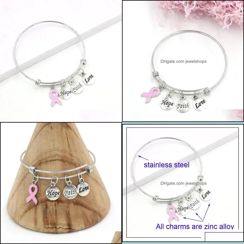 New Arrival Stainless Steel Wire Bangle Hope Faith Breast Cancer Charm Bracelets For Women Awarenesss Jewelry