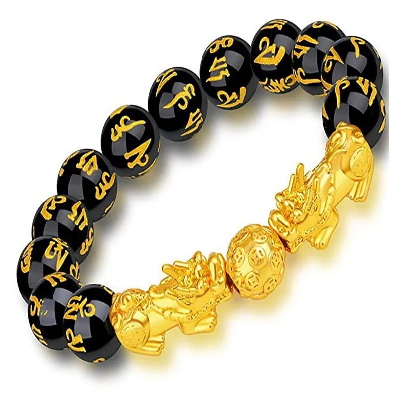 Beaded Feng Shui Obsidian Stone Beads Bracelet Men Women Uni Wristband Gold Black Pixiu Wealth And Good Luck Jewelry Bracelets Dhf9H