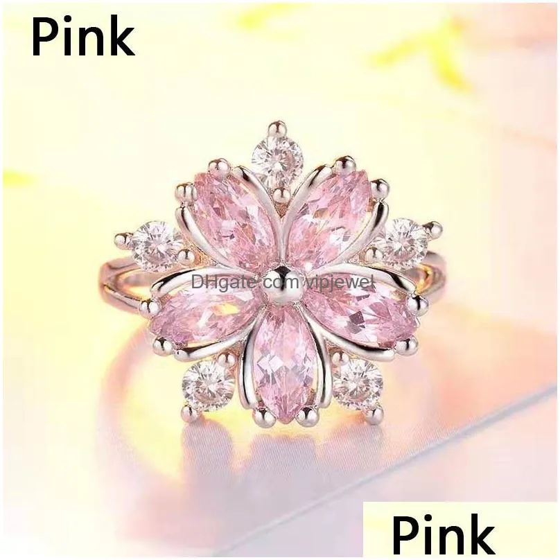 cute female pink crystal stone finger ring charm silver color thin wedding rings for women bride flower zircon engagement bands