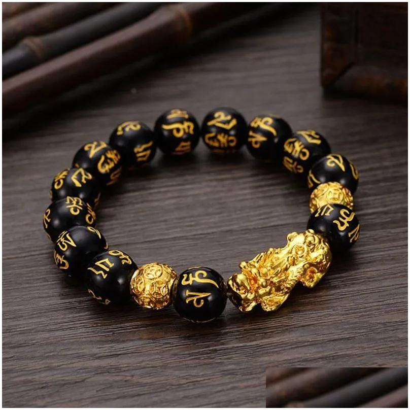 Beaded Feng Shui Obsidian Stone Beads Bracelet Men Women Uni Wristband Gold Black Pixiu Wealth And Good Luck Jewelry Bracelets Dhf9H