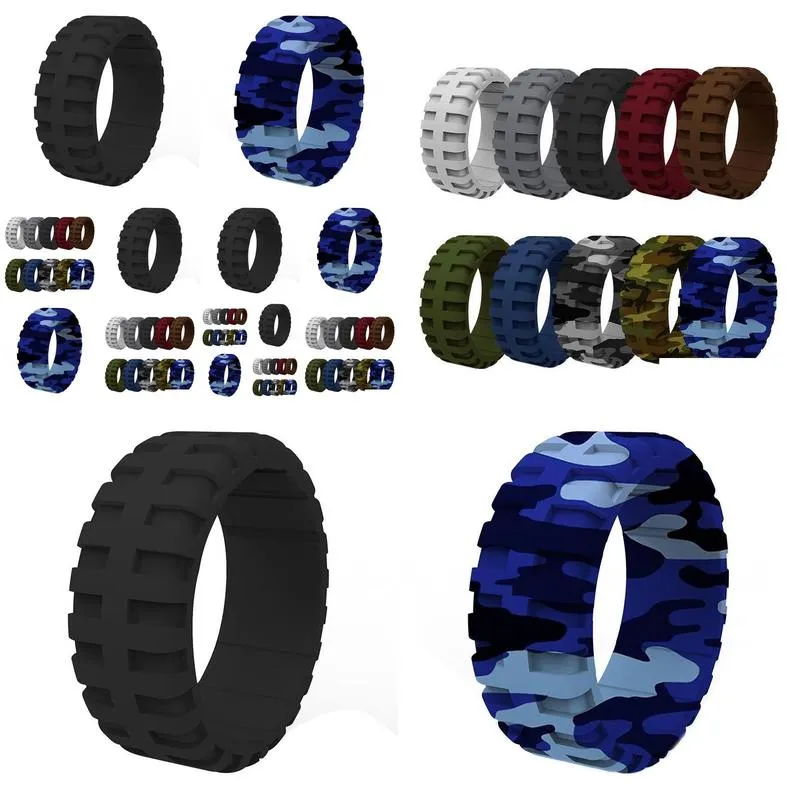 Band Rings 2021 Sile Rings Tire Tread Design Rubber Wedding Bands For Men 9.0Mm Wide With Groove Flexible Ring Jewelry Ring Dhn3G