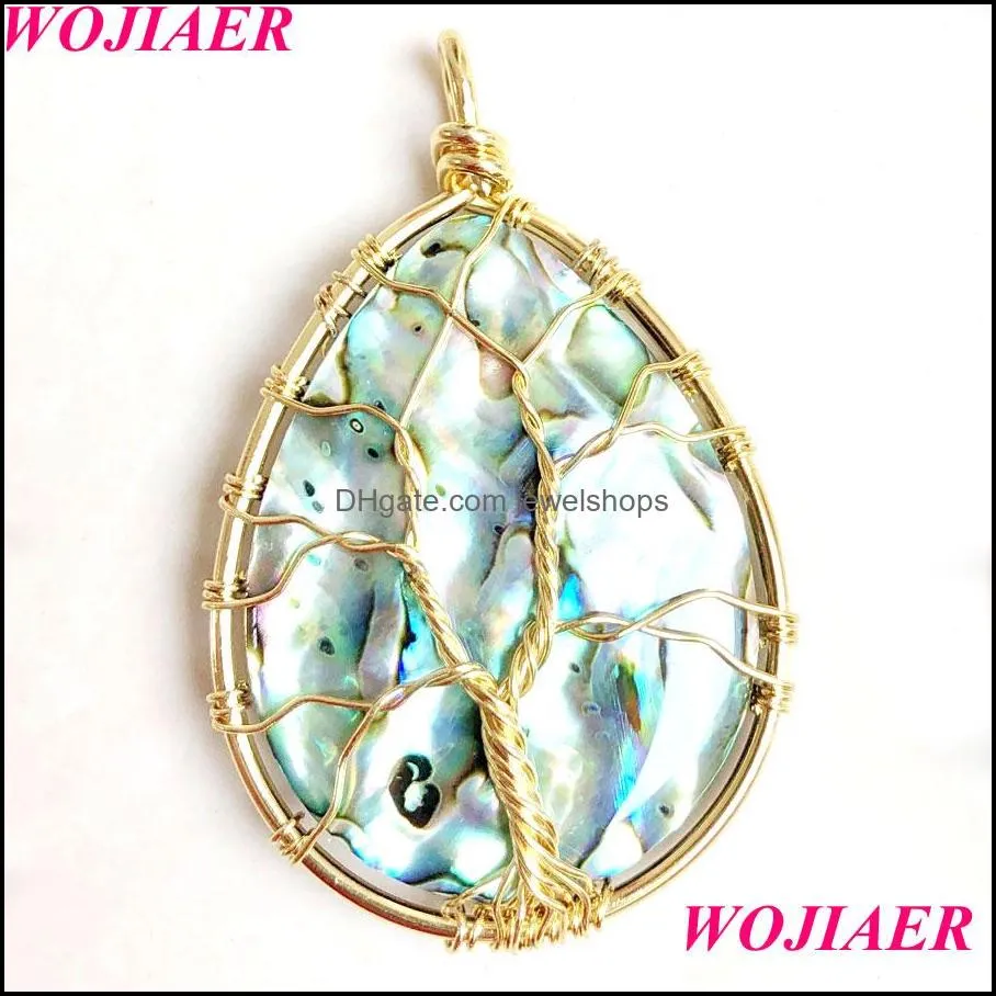 WOJIAER Natural Abalone Shell Drop Pendant for Women Tree of Life Wire Wrap Beads Mixed Colors DIY Handmade Necklace Jewelry BV920