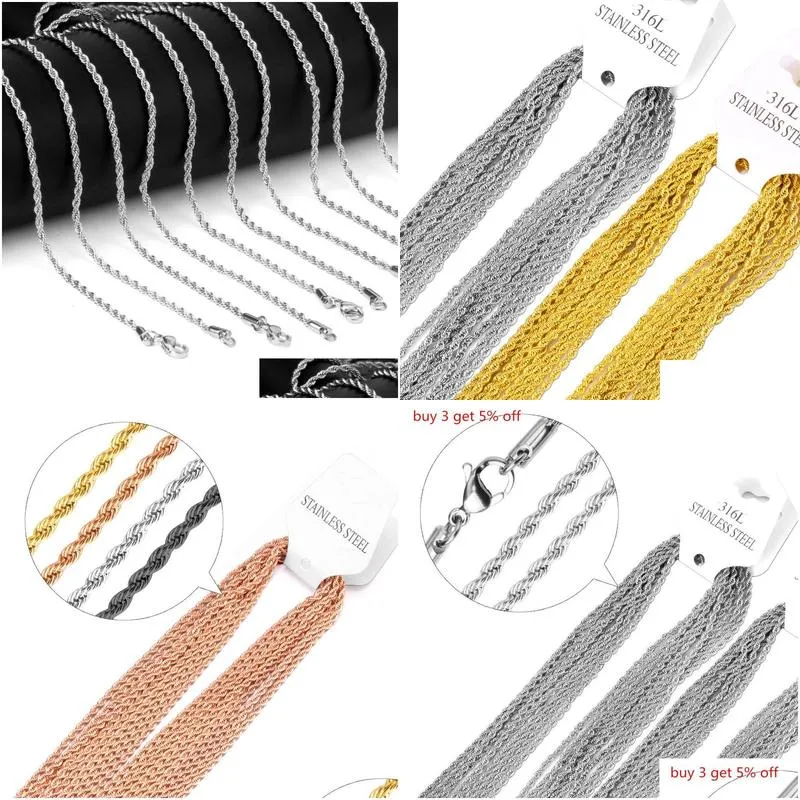 luxukisskids rose gold plated never fade 316l stainless steel 2mm rope chain 10pcs/lot for wholesale bulk twist chains necklaces