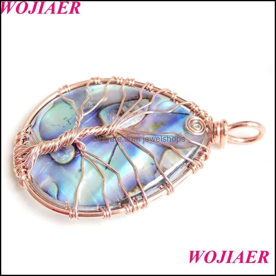 WOJIAER Natural Abalone Shell Drop Pendant for Women Tree of Life Wire Wrap Beads Mixed Colors DIY Handmade Necklace Jewelry BV920