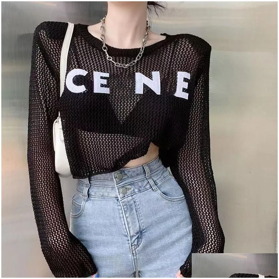 2023letter-printed hollowed-out t-shirt for womens summer design sense small crowd loose short long-sleeved sunscreen shirt top