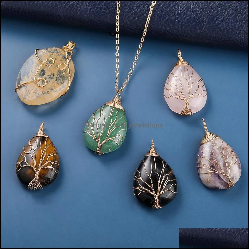 Oval Natural Stone Necklace Pendant Jewelry Copper Line Wrapped Tree of Life Necklaces for Women Charm Jewelry