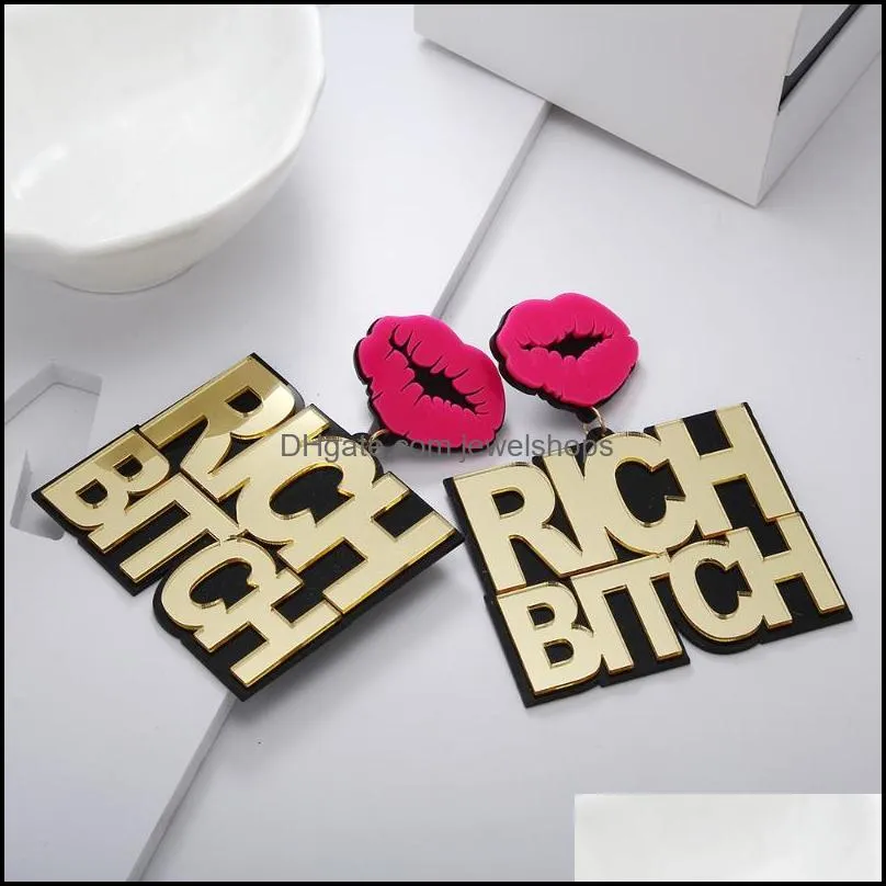 Dangle Chandelier FishSheep Acrylic Oversized Gold RICH BITCH Letter Big Pendant Earrings For Women HipHop Sexy Red Lip Drop Jewelry