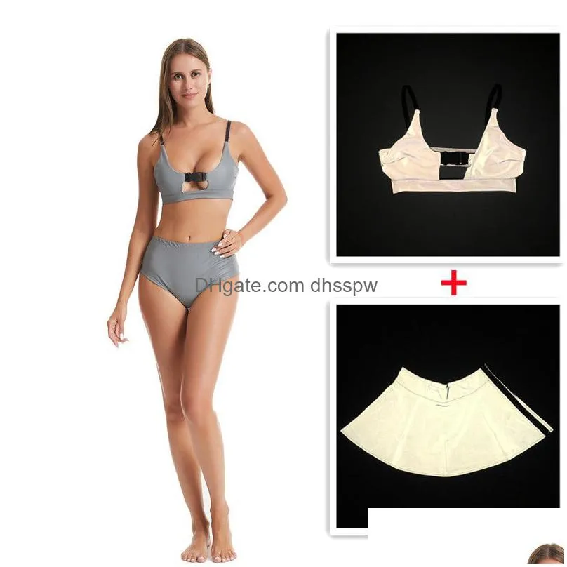 womens swimwear rainbow reflective women rave swimsuit summer 3 piece bikini set skirt mini triangle buckle bra top swimwears fit