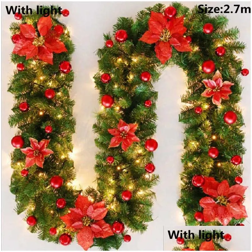 Decorative Flowers & Wreaths 1.8/2.7M Christmas Led Rattan Garland Decorative Green Artificial Xmas Tree Banner Decoration Wreath Fu H Dhewq