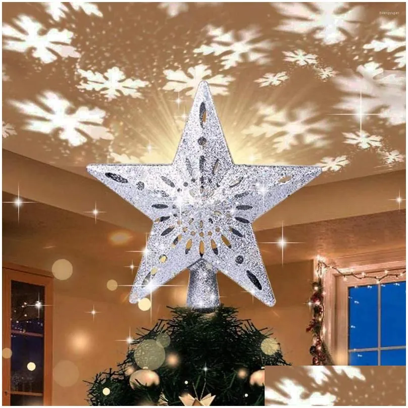 christmas decorations tree topper 3d hollow sparkling star with led rotating snowflake projector lights for xmas party home navidad