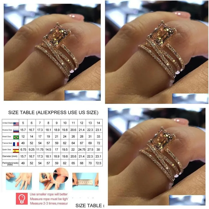 fashion multilayer morganite rings rose gold color wedding jewelry champagne crystal stone ring bague for women mother days gifts