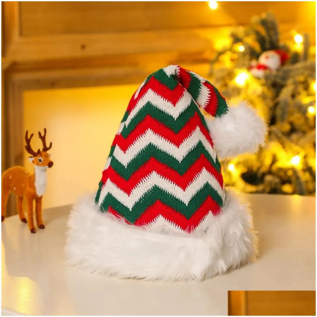 red christmas hat soft plush striped snowflak hats santa claus cosplay cap children adults xmas party decoration caps th0091