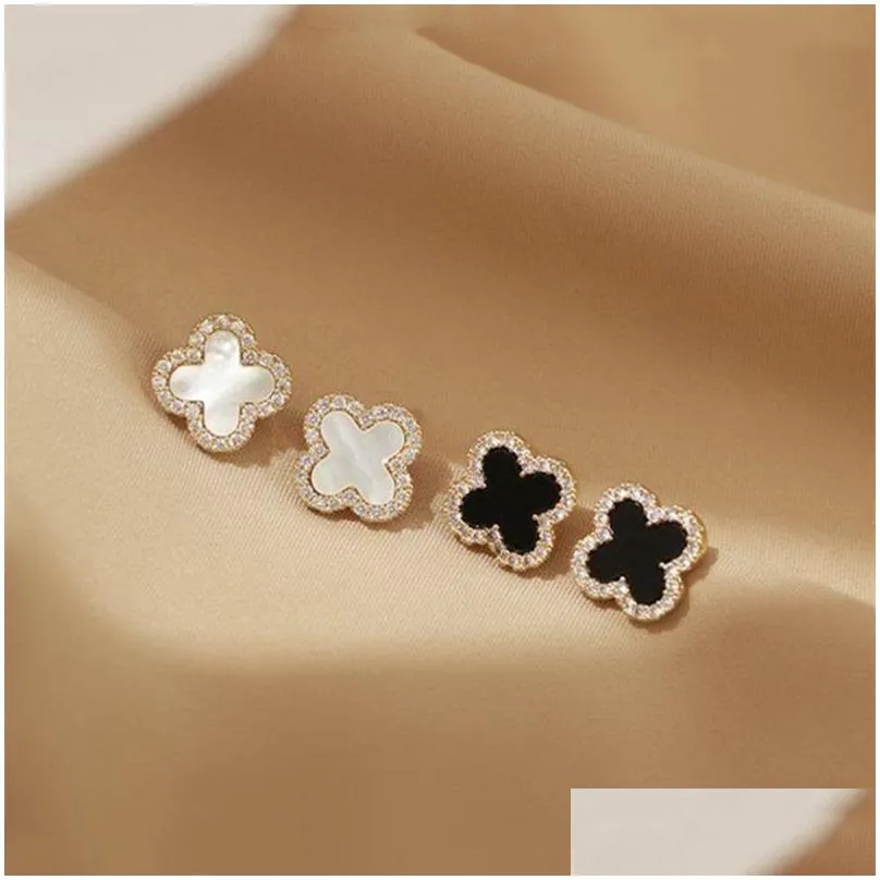 Leaf Studs Earrings for Women Girls Fashion Luxury Rhinestone Flower 925 Silver Needle Ear Jewelry Black Green White Red Four Leaves Charm Earring