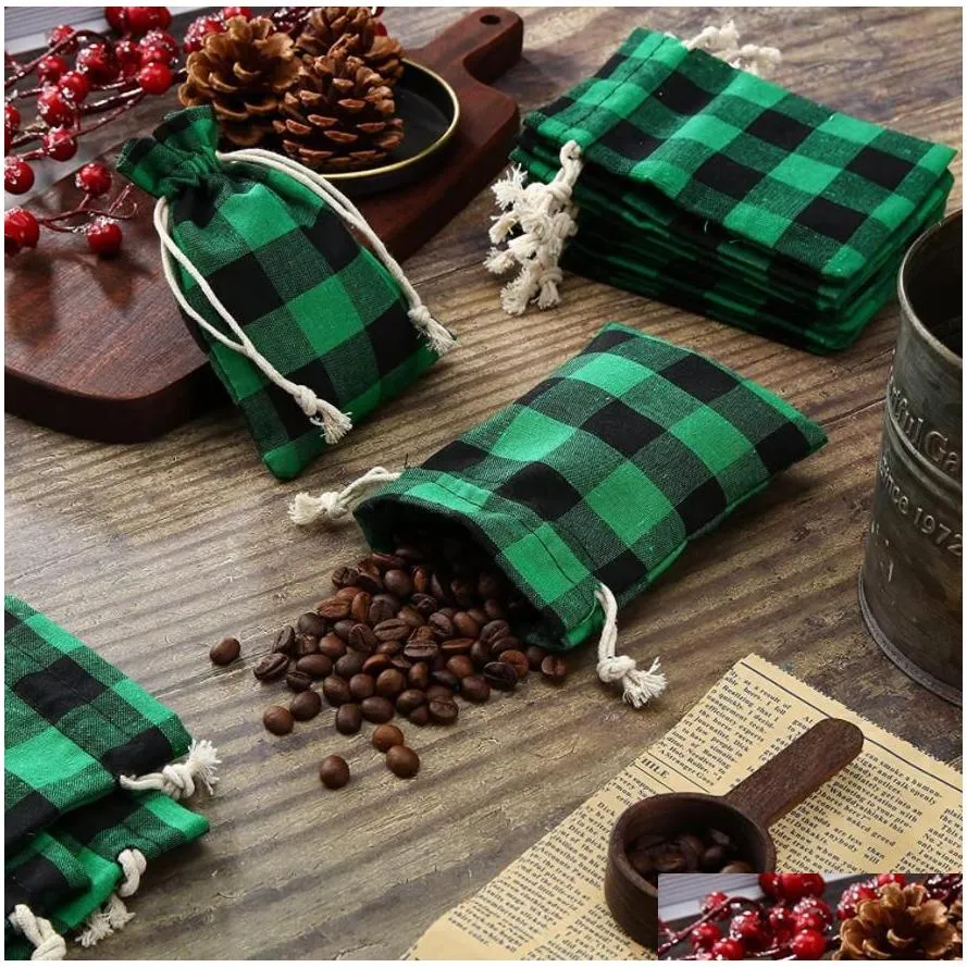 christmas  plaid drawstring bag party decrations rustic cotton xmas plaid present wrap stockings green red black