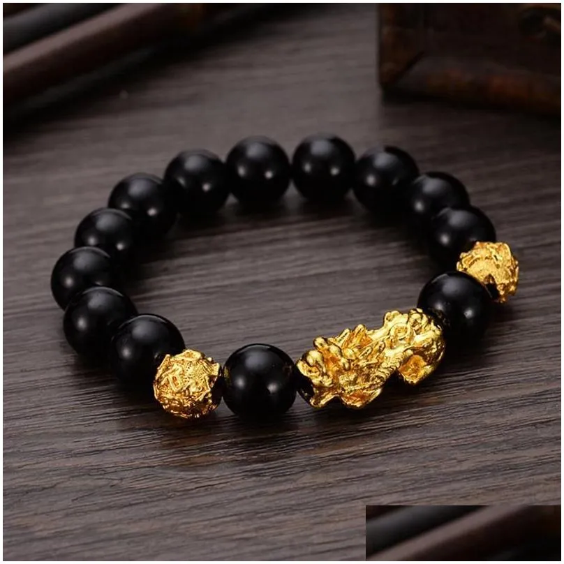 Beaded Feng Shui Obsidian Stone Beads Bracelet Men Women Uni Wristband Gold Black Pixiu Wealth And Good Luck Jewelry Bracelets Dhf9H