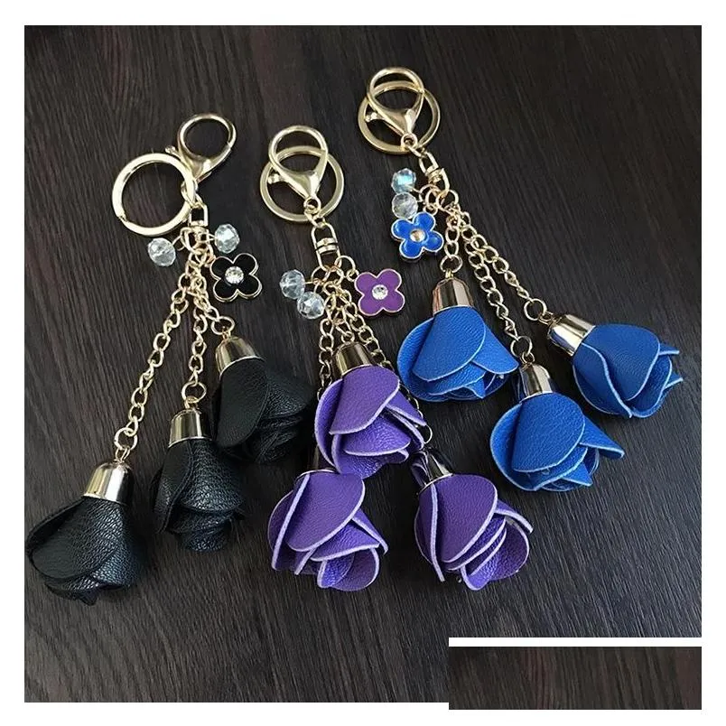 Keychains DHL 50pcs 18colors Charm Leather Rose Flower Key Chains Tassel Women Keychain Bag Purse Pendant JewelryKeychains