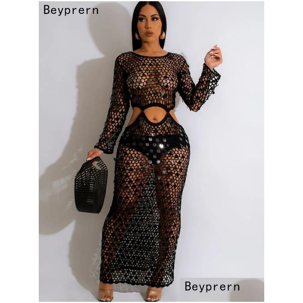 casual dresses beyprern chic mother of pearl cloghet cover up for women summer hollow out sequins beach vacation outfits 230324
