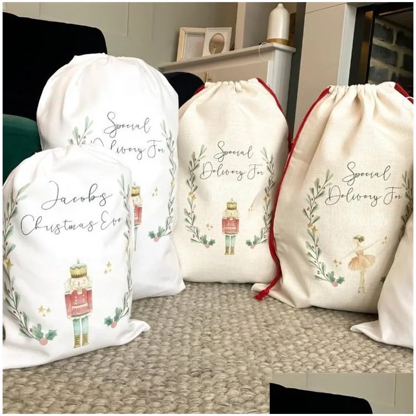 diy personalized sublimation printing fine linen christmas gift bags pocket drawstring pocket santa sacks bag