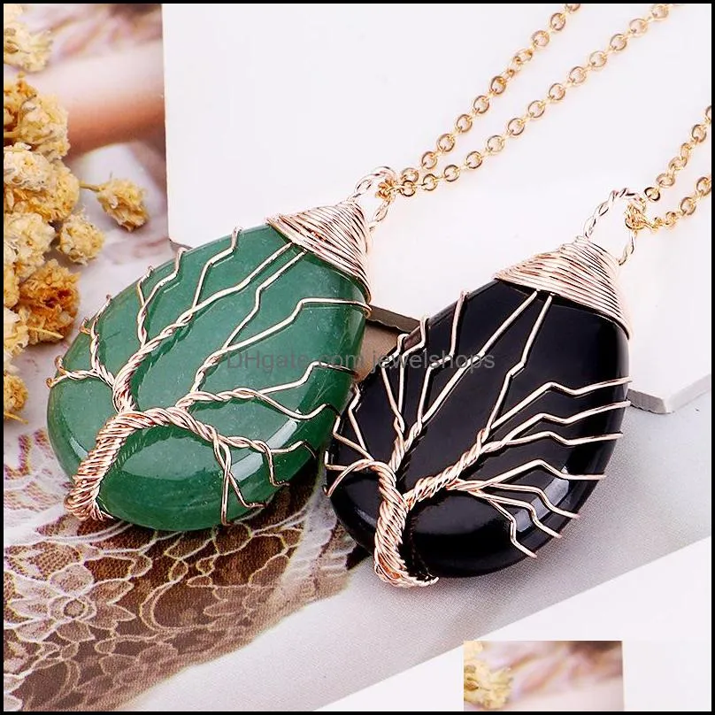 Oval Natural Stone Necklace Pendant Jewelry Copper Line Wrapped Tree of Life Necklaces for Women Charm Jewelry