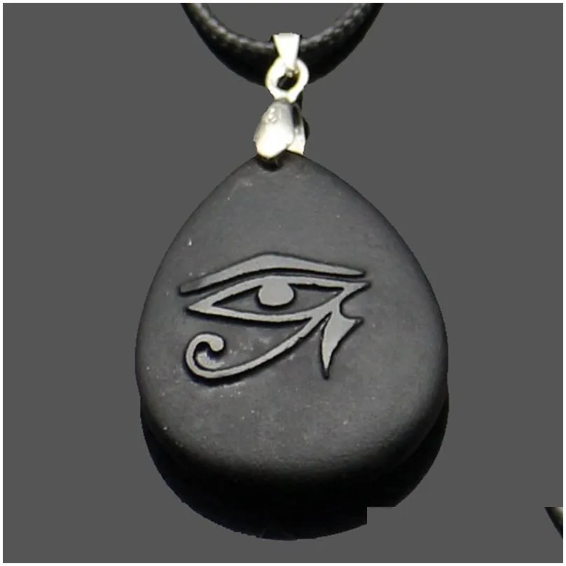 natural stone drop shaped aura pendant necklace engraved egyptian sun god eye of horus reiki symbol hang accessorie amethyst rose quartz heal crystal