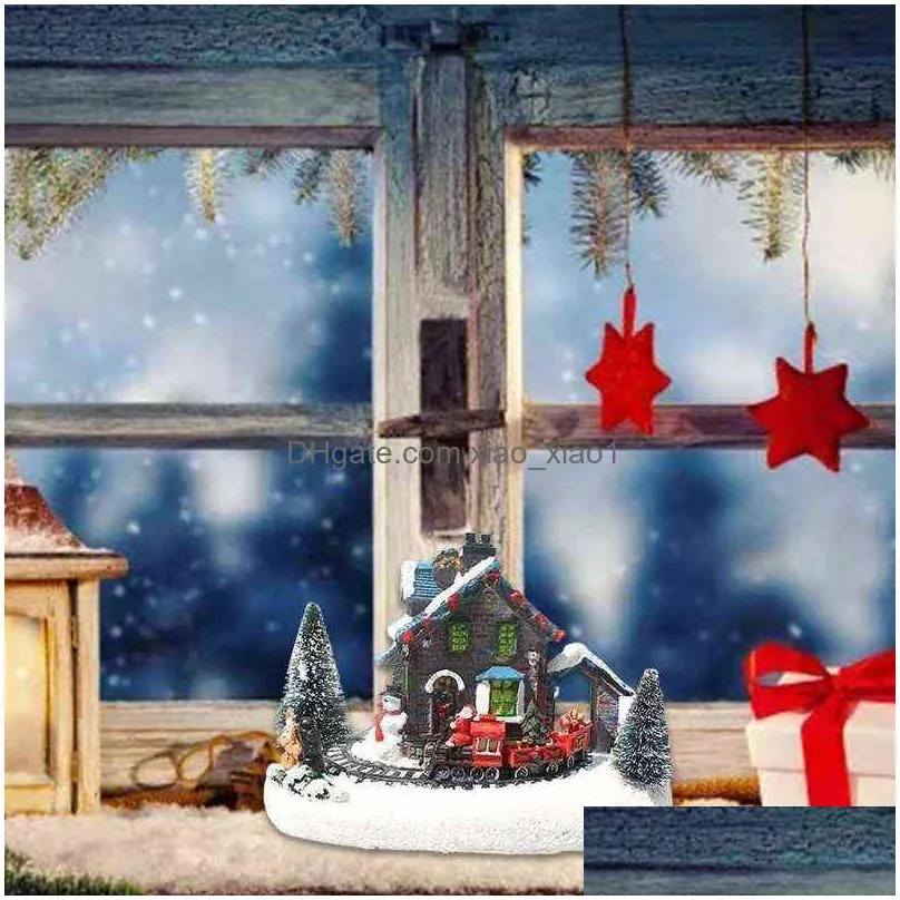color led light christmas snow small train village house luminous resin ornament f19b 211105
