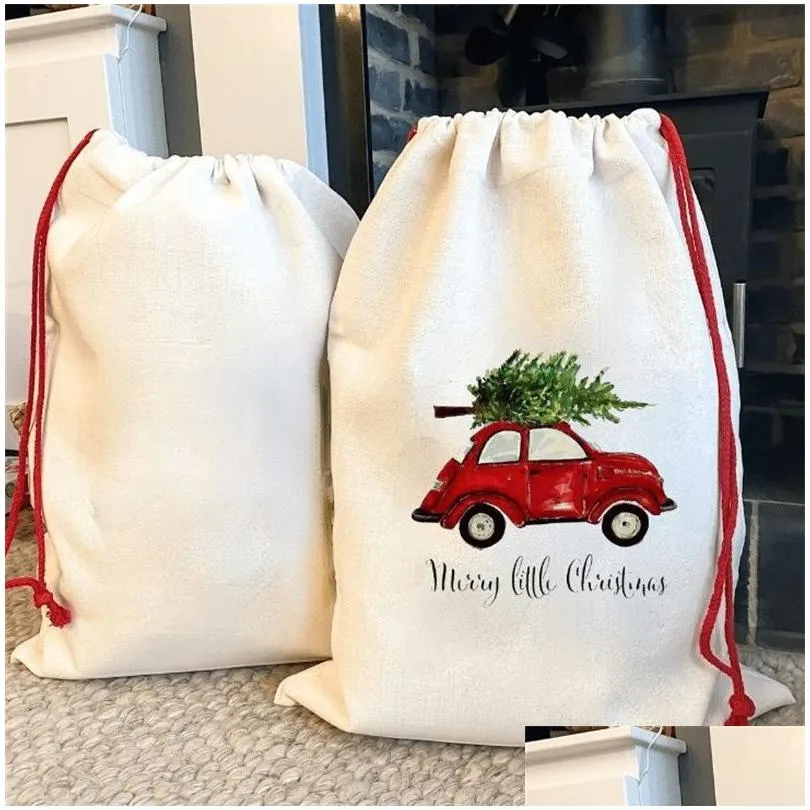 diy personalized sublimation printing fine linen christmas gift bags pocket drawstring pocket santa sacks bag