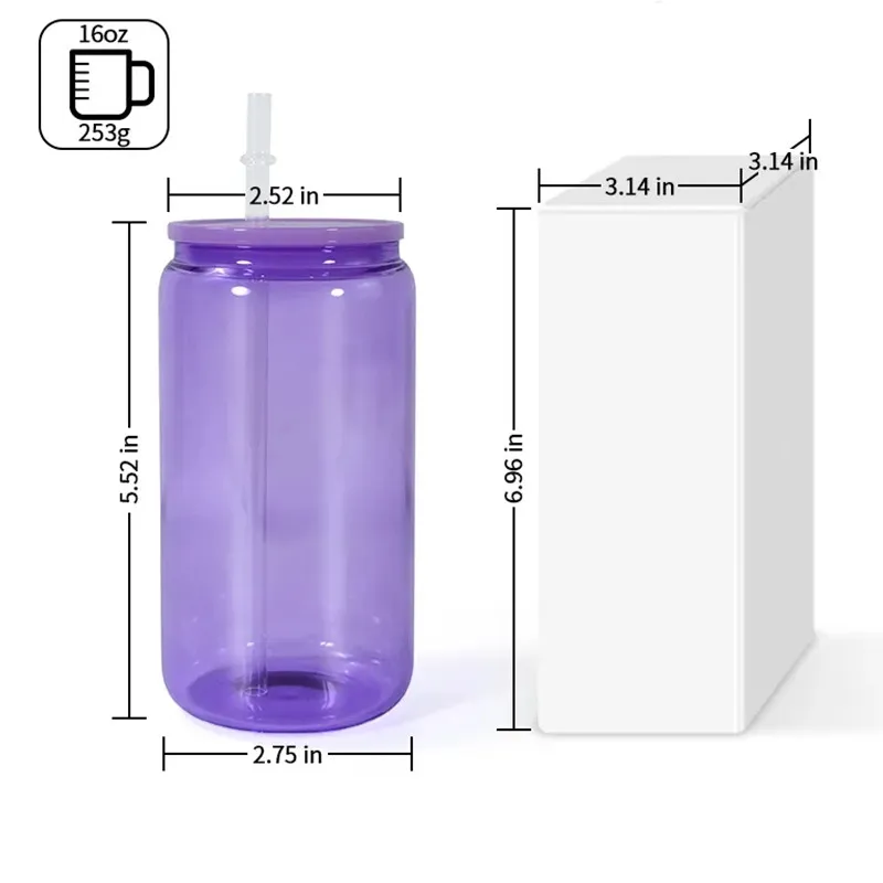 USA Warehouse Jelly Color Glass Can 16oz Sublimation Glass Cups Tumbler Juice Jar Iced Beverage Soda Drinks Beer Can Glasses Cups Coffee Mugs With Colored Lids & Straws