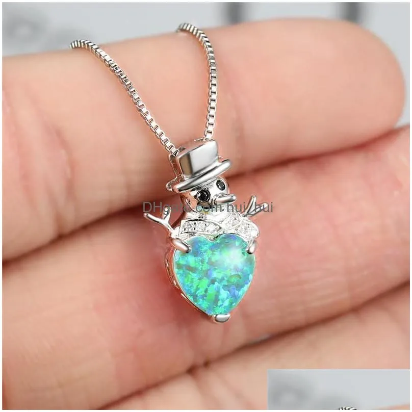 pendant necklaces classic silver color chain necklace dainty crystal snowman christmas female cute heart opal for women