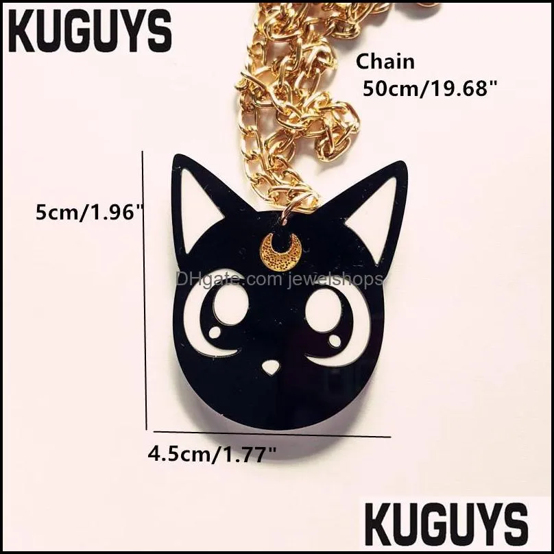 Fashion Jewelry Acrylic Cute Black and White Cat Head Pendant Necklace for Womens Long gold chaiA