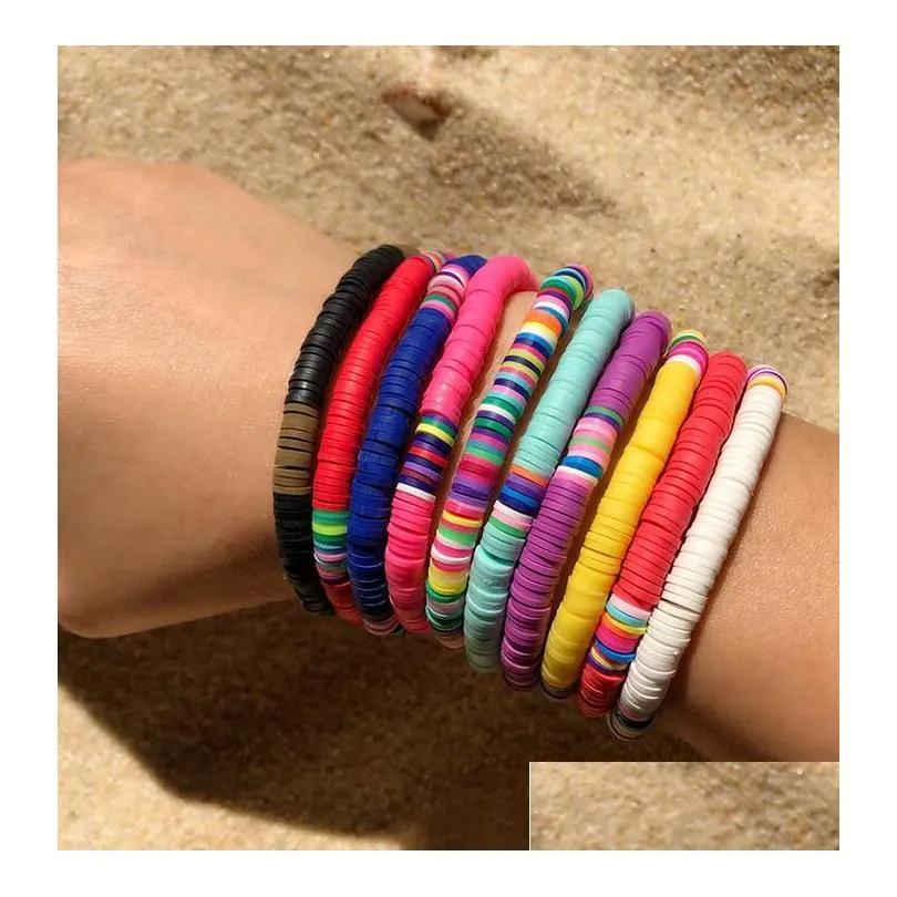 handmade rainbow beaded strands bracelet colorful polymer clay disc bracelets boho surf stackable stretch charm bracelet jewelry for women