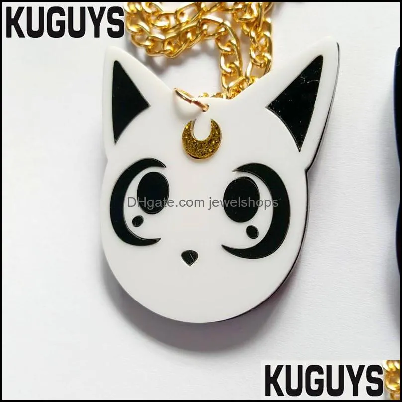 Fashion Jewelry Acrylic Cute Black and White Cat Head Pendant Necklace for Womens Long gold chaiA